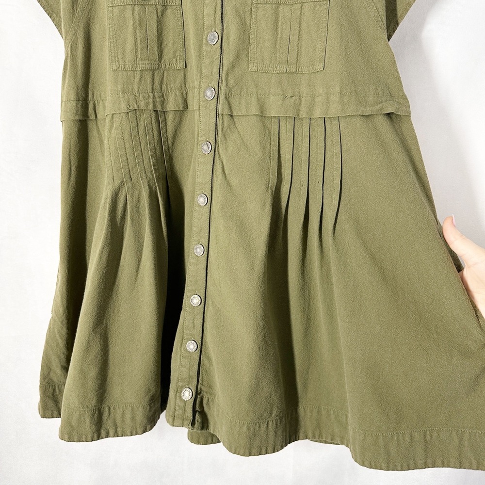 Free People Cotton Ronnie Short Sleeve Olive Green Button Down Dress Size Medium - Picture 4 of 12
